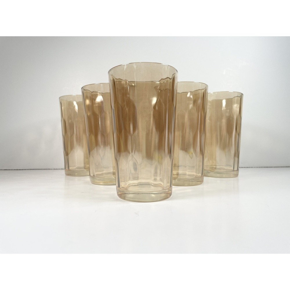 Vtg MCM 5 Iridescent Jeanette Glass Tumblers Square Bottom‎ Peach Lustre